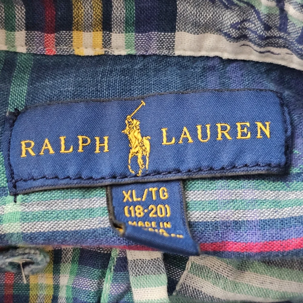 VTG Ralph Lauren Plaid Palms Short Sleeve Button Down Shirt Blue Green Youth XL